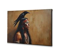 Tableau décoratif sur toile à suspendre pour salle de bain Motif guerrier amérindien avec corbeau sur son épaule 30 x 40 cm