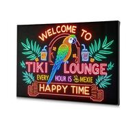 Tableau décoratif sur toile pour salon avec inscription « Welcome to Tiki Lounge Every Hour Is Happy Time » (40 x 60 cm)