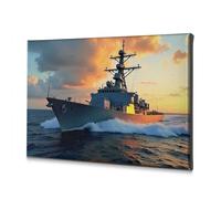 Tableau décoratif sur toile représentant un bateau naval naviguant à travers les eaux turbulentes au coucher du soleil - Décoration murale de Pâques (30 x 40 cm)