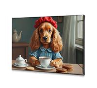 Tableau décoratif sur toile représentant un chien habillé d'une robe bleue avec boutons assis à une table avec une tasse de thé et des biscuits - Décoration murale de Pâques - 30 x 40 cm