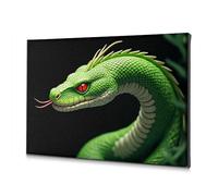 Tableau décoratif sur toile représentant un serpent vert aux yeux rouges et la langue fourchue - Décoration de salon ou de Pâques (20 x 30 cm)