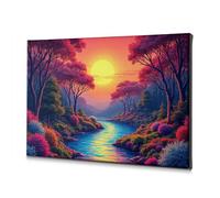 Tableau décoratif sur toile rustique pour salle de bain - Une rivière sereine coule à travers une forêt vibrante et colorée au coucher du soleil - 20 x 30 cm