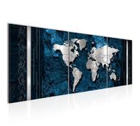 Tableau Décoration Murale 120x40 cm Runa art 107333b Carte de Monde - 3 Panneaux Deco Toile Prêt à Accrocher - Bleu