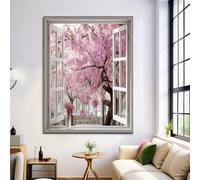 Tableau Decoration Murale Affiche Sans Cadres, Décoration Chambre Cadre De Fenêtre Cerisier En Fleurs Rose, Poster Mural Deco Bureau Cuisine, Tableaux Déco Paysage Salon, 40x50cm