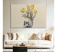 Tableau Décoration Murale avec Cadre Gothique Gris Clair Crâne Jaune Tulipes, Impression sur Toile Moderne - Déco pour Salle de Bain Couloir Bureau Cadeau 40x30 cm