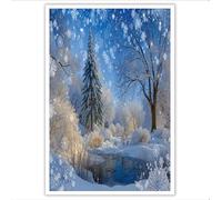 Tableau Décoration Murale bleu 60 x 90 cm - Affiche Moderne Sans Cadre pour Salon, Chambre, Salle de Bain - Pays des merveilles hivernales Ruisseau de la forêt de flocons de neige