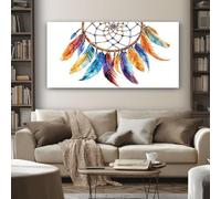 Tableau Decoration Murale Bohème Attrape rêves 80x120 cm Cadre Impression sur Toile Aquarelle Plume pour Salon et Chambre Moderne et Abstrait Affiche et Poster Prêt à Accrocher