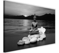 Tableau Décoration Murale Bouddha 60x40 cm Galets Zen Orchidée Eau Mer Montagnes Coucher de Soleil Feng Shui Design noir et blanc