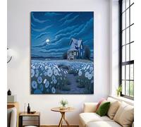 Tableau Decoration Murale Champ de fleurs Lune brillante Affiche Moderne Vue nocturne de rêve Poster Mural Impression sur Toile Deco Chambre Ado Adulte Cadeau 70 x 100 cm sans Cadre bleu foncé