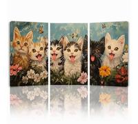 Tableau Decoration Murale Chat Cadre en Bois Impression sur Toile, Peinture Poster Mural Tableau Animal Triptyque pour Moderne Salon Chambre Restaurant Maison Bain Cuisine 45x65 cmx 3pcs 1f-1138