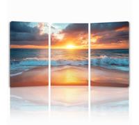 Tableau Decoration Murale Coucher de soleil Cadre en Bois Impression sur Toile, Peinture Poster Mural Tableau Plage Triptyque pour Moderne Salon Chambre Restaurant Bain Cuisine 25x35 cmx 3pcs 1f-142