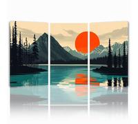 Tableau Decoration Murale Coucher de soleil Cadre en Bois Impression sur Toile, Peinture Poster Mural Tableau Lac Triptyque pour Moderne Salon Chambre Restaurant Bain Cuisine 30x45 cmx 3pcs 1f-16