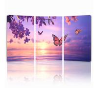 Tableau Decoration Murale Coucher de soleil Cadre en Bois Impression sur Toile, Peinture Poster Mural Tableau Papillon Triptyque pour Moderne Salon Chambre Restaurant Bain 50x75 cmx 3pcs 1f-520