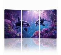 Tableau Decoration Murale Dauphin Cadre en Bois Impression sur Toile, Peinture Poster Mural Tableau Animal Triptyque pour Moderne Salon Chambre Restaurant Maison Bain Cuisine 20x30 cmx 3pcs 1f-136