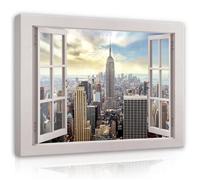 Tableau Décoration Murale Fenêtre New York 100x75 cm Impression sur Toile intissee pour Salon Chambre Couloir pret a accrocher