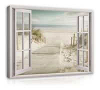 Tableau Décoration Murale Fenêtre Plage Mer 100x75 cm Impression sur Toile intissee pour Salon Chambre Couloir pret a accrocher