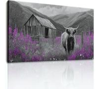 Tableau Decoration Murale Ferme Animal Vache Des Highlands Impression sur Toile, Gris-Violet Rustique Campagne Tableau Décoratif Affiche Decoration Murale pour Salon Chambre à Coucher Couloir