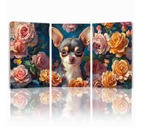 Tableau Decoration Murale Fleur Cadre en Bois Impression sur Toile, Peinture Poster Mural Tableau Chien Triptyque pour Moderne Salon Chambre Restaurant Maison Bain Cuisine 25x35 cmx 3pcs 1f-1126