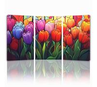 Tableau Decoration Murale Fleur Cadre en Bois Impression sur Toile, Peinture Poster Mural Tableau Tulipe Triptyque pour Moderne Salon Chambre Restaurant Maison Bain Cuisine 55x80 cmx 3pcs 1f-586