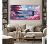 Tableau Decoration Murale Floral Fleur de Cerisier 80x120 cm Impression Sur Toile Japonais Pagode sur Cadre en Bois Grande Affiche Peinture pour Décoration D'Intérieur Maison