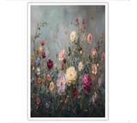 Tableau Décoration Murale Gris-vert 30 x 40 cm - Affiche Mer de fleurs et de papillons en abondance Sans Cadre pour Salon, Chambre, Salle de Bain - Toile Déco Peinture à l'huile de style floral Maison