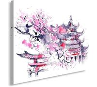 Tableau Décoration Murale Japon 80x60 cm Impression sur Toile Monastère Paysage japonais Fleur de cerisier Art Moderne