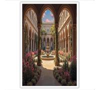 Tableau Décoration Murale Jardin Cloître Fontaine, Impression Sur Toile Cour Classique Européenne, Tableau Sur Toile Couleurs Chaudes, Décoration Murale Pour Chambre à Coucher Salon Bureau, 30×40 cm