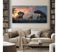 Tableau Decoration Murale Jurassique Dinosaure 80x120 cm Cadre Impression sur Toile Fantastique Volcan pour Salon et Chambre Moderne et Abstrait Affiche et Poster Prêt à Accrocher