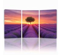 Tableau Decoration Murale Mer de fleurs Cadre en Bois Impression sur Toile, Peinture Poster Mural Tableau Lavande Triptyque pour Moderne Salon Chambre Restaurant Bain Cuisine 25x35 cmx 3pcs 1f-130