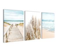 Tableau Décoration Murale Mer Plage de Passerelle - Novart - N004836a - 3 Cadres de 40x60 cm Prêts à Accrocher Impression Toile