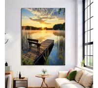 Tableau Décoration Murale Orange 50 x 70 cm - Affiche Moderne Sans Cadre pour Salon, Chambre, Salle de Bain - Photographie de nature Coucher de soleil sur le lac près de la jetée