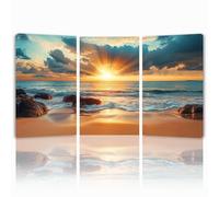 Tableau Decoration Murale Plage Cadre en Bois Impression sur Toile, Peinture Poster Mural Tableau Coucher de soleil Triptyque pour Moderne Salon Chambre Restaurant Bain Cuisine 25x35 cmx 3pcs 1f-160