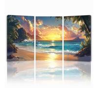 Tableau Decoration Murale Plage Cadre en Bois Impression sur Toile, Peinture Poster Mural Tableau Paysage Triptyque pour Moderne Salon Chambre Restaurant Maison Bain Cuisine 25x35 cmx 3pcs 1f-268