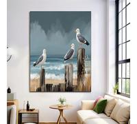 Tableau Décoration Murale Plage Paysage Tas De Bois Mouette, Peinture Impression sur Sans Cadres Affiche Moderne, Décoration Posters pour Chambre Salon Bureau 30x40cm, Gris Bleu