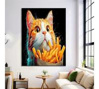Tableau Décoration Murale Pop Art Mignon Chat Frites, Peinture Impression sur Sans Cadres Affiche Moderne, Décoration Posters pour Chambre Salon Bureau 70x100cm, Orange