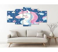 Tableau Decoration Murale pour Salon Arc-En-Ciel De Licorne Fantastique Décoration pour Chambre Tableau Bleu Impression sur Toile 5 Parties Affiche Murale Grand Format 200x100 cm