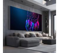 Tableau Decoration Murale pour Salon Bohême AttrapeRêves Impression sur Toile Moderne Fantastique Plume Affiche Poster Néon Ailes Chambre Adulte Cadre en Bois 50x100 cm