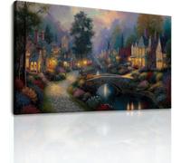 Tableau Decoration Murale Rêveur Paysage Village Impression sur Toile, Multicolore Rustique champêtre Cottage Tableau Décoratif Affiche Decoration Murale pour Salon Chambre à Coucher Couloir