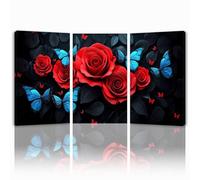 Tableau Decoration Murale Roses Cadre en Bois Impression sur Toile, Peinture Poster Mural Tableau Papillon Triptyque pour Moderne Salon Chambre Restaurant Maison Bain Cuisine 50x70 cmx 3pcs 1f-632