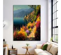 Tableau Decoration Murale Salon Chemin Des Fleurs, Ville De Style Grec Turquoise Art 70X100Cm Grand Impression Sur Toile Pour Chambre Bureau Salle De Maison Décoration, Sans Cadre
