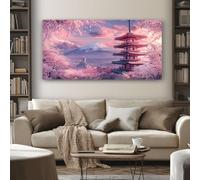 Tableau Decoration Murale Salon Floral Fleur de Cerisier Impression sur Toile Japonais Pagode Grande Affiche Peinture pour Maison Appartement Bureau 50x100 cm, Sans Cadre