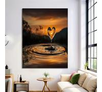 Tableau Decoration Murale Salon Gouttes D'Eau Forme Cœur, Paysage Au Coucher Du Soleil Orange Brûlé Art 80X120Cm Grand Impression Sur Toile Pour Chambre Bureau Salle De Maison Décoration, Sans Cadre