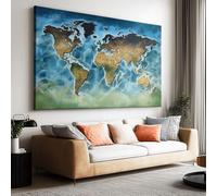 Tableau Decoration Murale Salon Moderne, Carte abstraite du monde marin 120x80 cm Grand Impression sur Toile pour Chambre Bureau Salle De Bain Maison Décoration