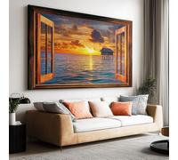 Tableau Decoration Murale Salon Moderne, Vue fenêtre mer coucher soleil 3D 120x80 cm Grand Impression sur Toile pour Chambre Bureau Salle De Bain Maison Décoration