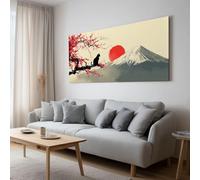 Tableau Décoration Murale Style Japonais - Impression sur Toile avec Châssis en Bois - Mont Fuji Animaux Chats Noirs Fleurs Design Élégant pour Salon, Chambre, Bureau - Prêt à Accrocher - 100 x 75 cm