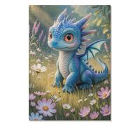 Tableau dragon Affiche bleu 210x297 Dragon bleu fantastique parmi les fleurs Mila ""Layer"" Paradise