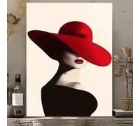 Tableau élégant sur toile de style vintage - Femme avec un grand chapeau rouge et du rouge à lèvres, Décoration tendance pour la maison ou le bureau (60x80cm/Sans cadre)