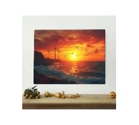 Tableau élégant sur toile représentant un coucher de soleil - Affiche imprimée avec moulins à vent et paysage océanique pour la décoration du salon de la chambre ou (80 x 120 cm / cadre intérieur)