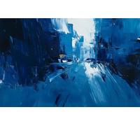 Tableau en bois de 110 x 70 cm : tableau abstrait de la ville à l'ombre de l'Impasto bleu, qui donne vie et structure un paysage urbain moderne vivant et structuré (245413153)
