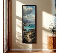 Tableau encadré représentant un paysage marin élancé et étroit, un long sentier escarpé vertical, une vue imprenable sur l'océan, une décoration côtière ensoleillée (20 x 60 cm / cadre intérieur)
